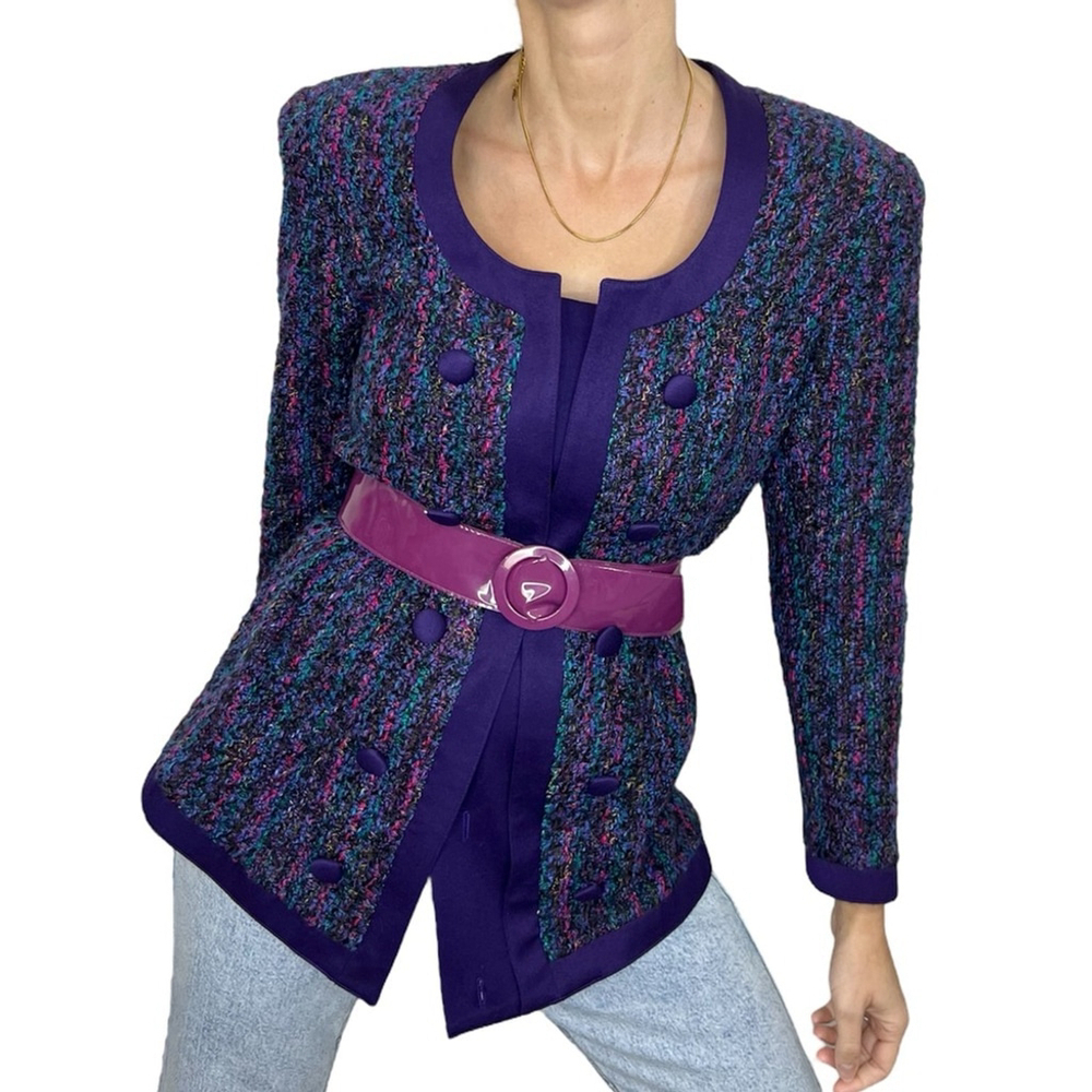 Vintage 80s 90s purple multi colour tweed tailored jacket blazer 10